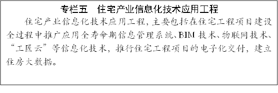 專欄五 住宅產(chǎn)業(yè)信息化技術(shù)應(yīng)用工程
住宅產(chǎn)業(yè)信息化技術(shù)應(yīng)用工程,主要包括在住宅工程項(xiàng)目建設(shè)全過(guò)程中推廣應(yīng)用全壽命期信息管理系統(tǒng)、BIM技術(shù)、物聯(lián)網(wǎng)技術(shù)、“工匠云”等信息化技術(shù),推行住宅工程項(xiàng)目的電子化交付,建立住房大數(shù)據(jù)。